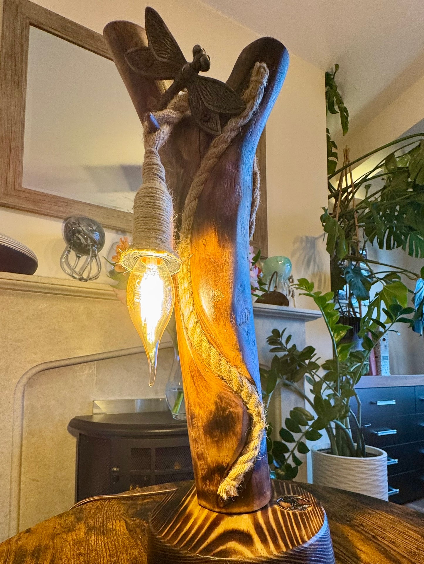 Handmade Applewood Lamp with Dragonfly Accent 🍏🪵✨