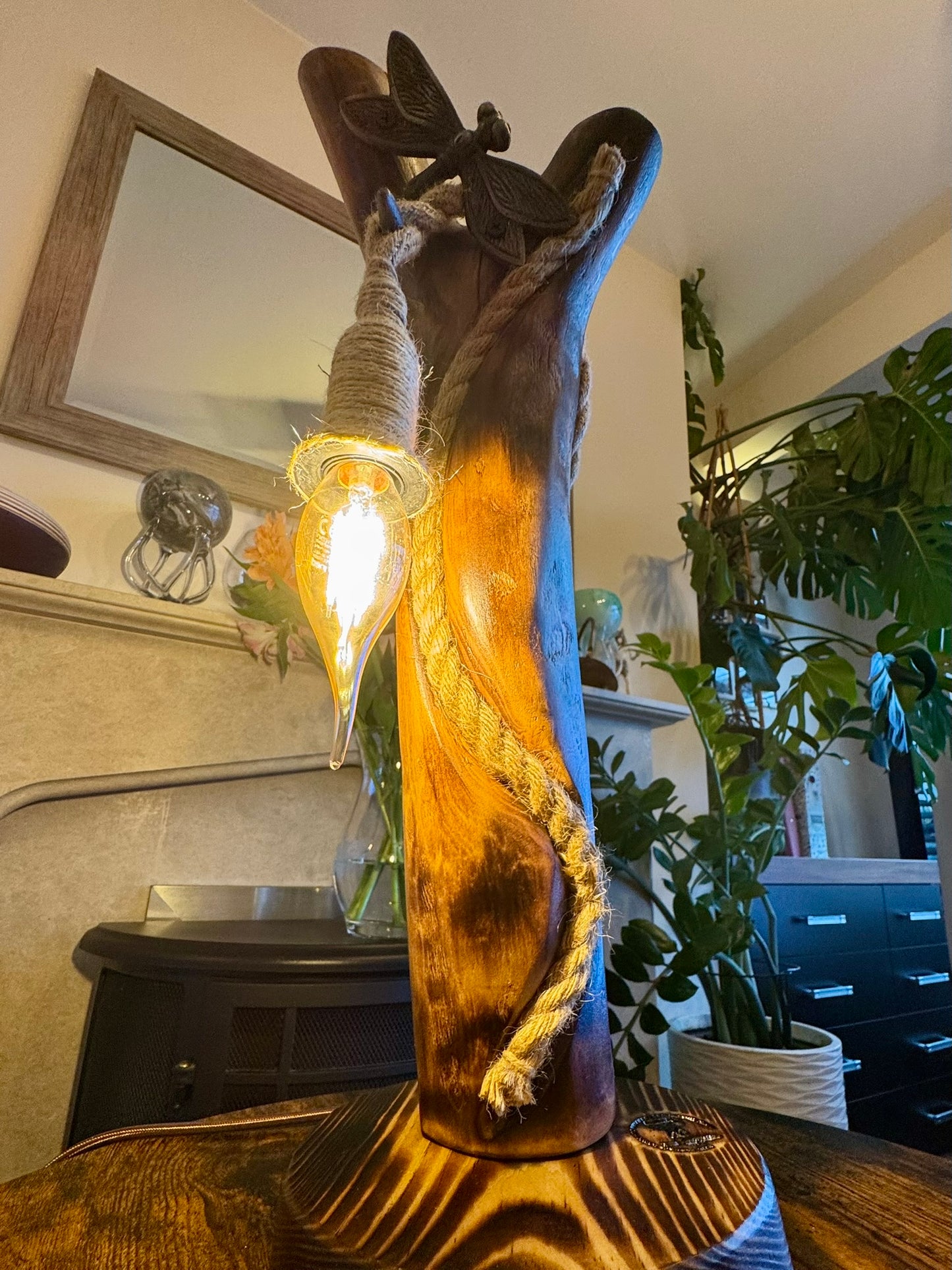 Handmade Applewood Lamp with Dragonfly Accent 🍏🪵✨