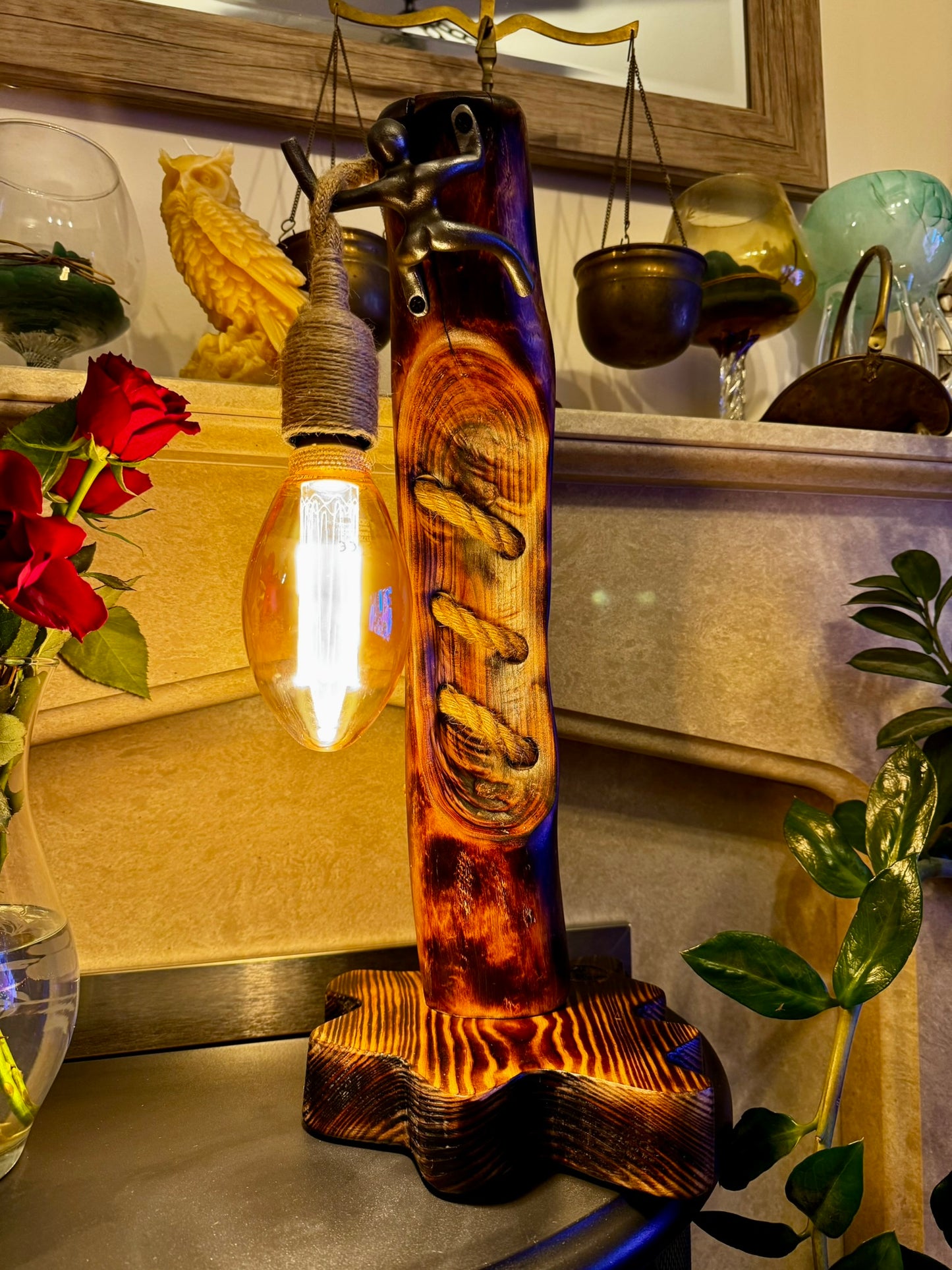 Handcrafted Rustic Wood Lamp with Climbing Figurine – Unique Autumn Home Décor