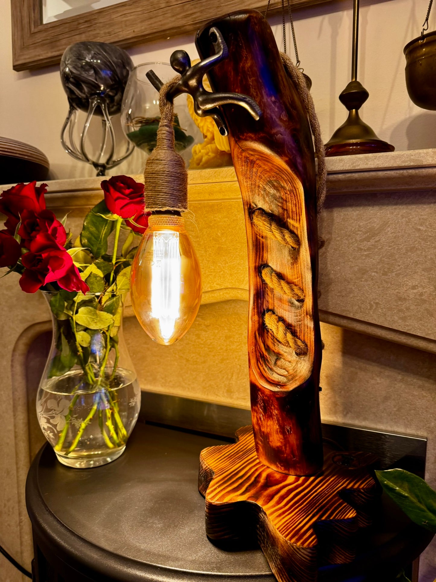 Handcrafted Rustic Wood Lamp with Climbing Figurine – Unique Autumn Home Décor