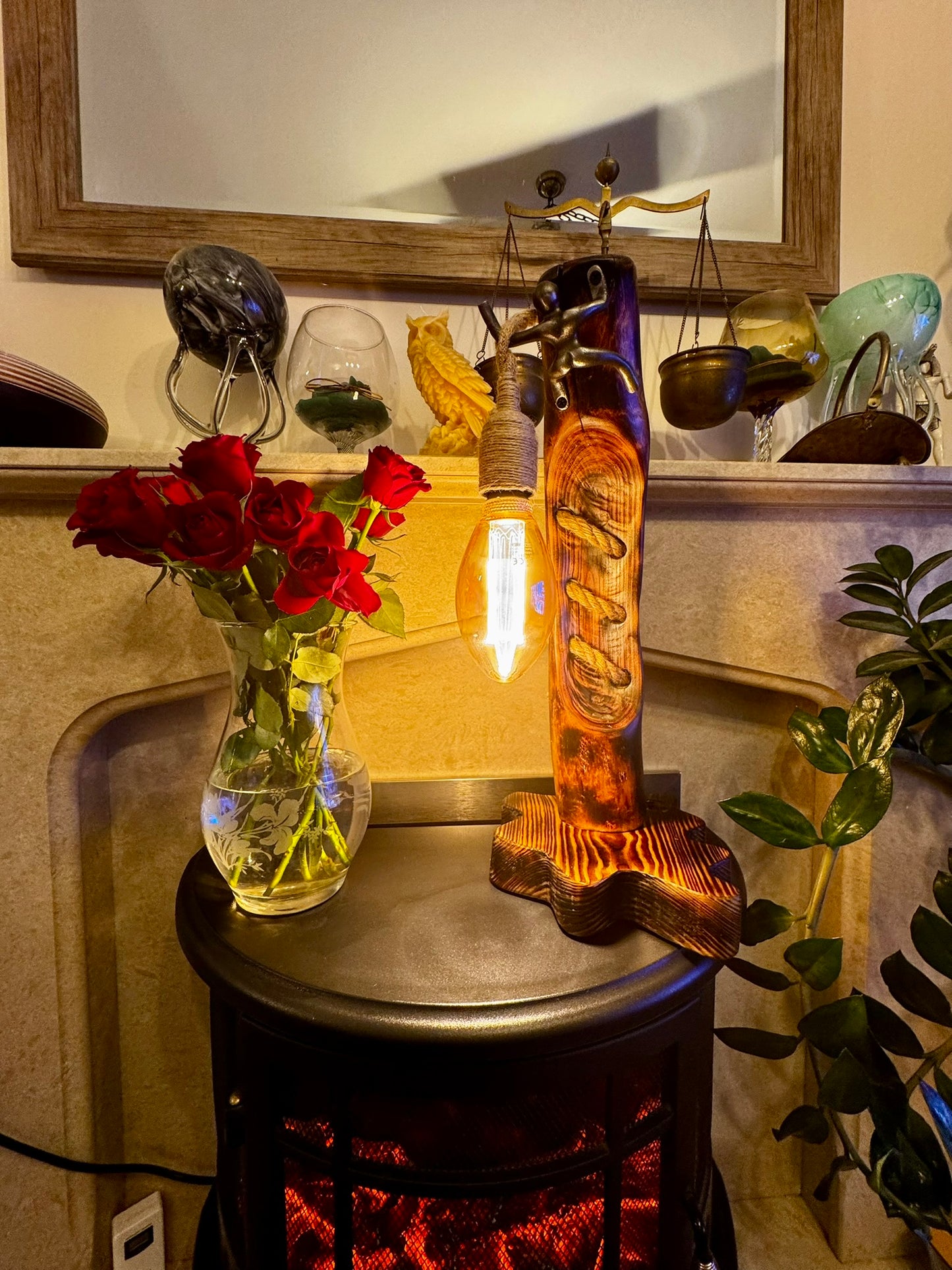 Handcrafted Rustic Wood Lamp with Climbing Figurine – Unique Autumn Home Décor