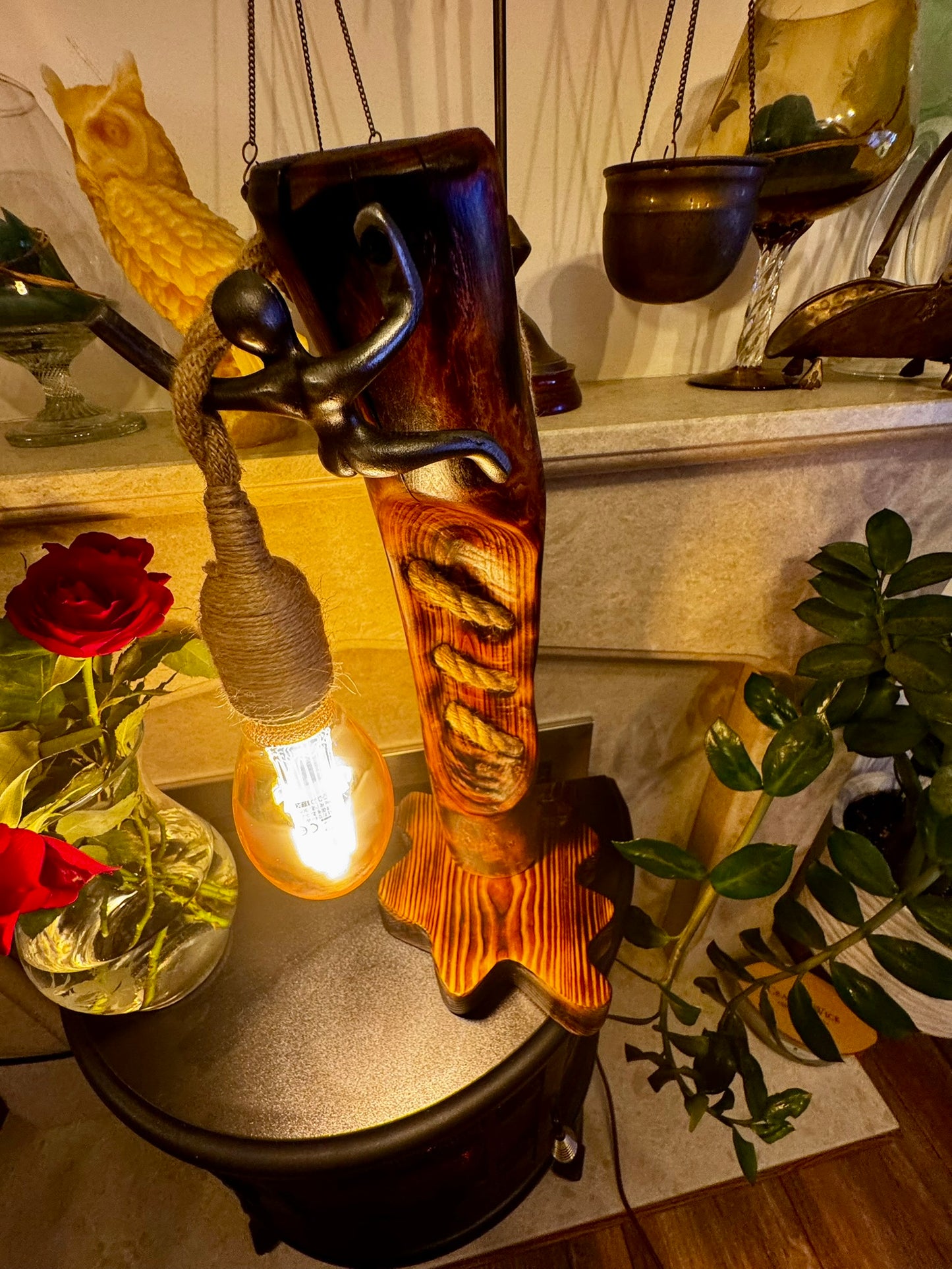 Handcrafted Rustic Wood Lamp with Climbing Figurine – Unique Autumn Home Décor