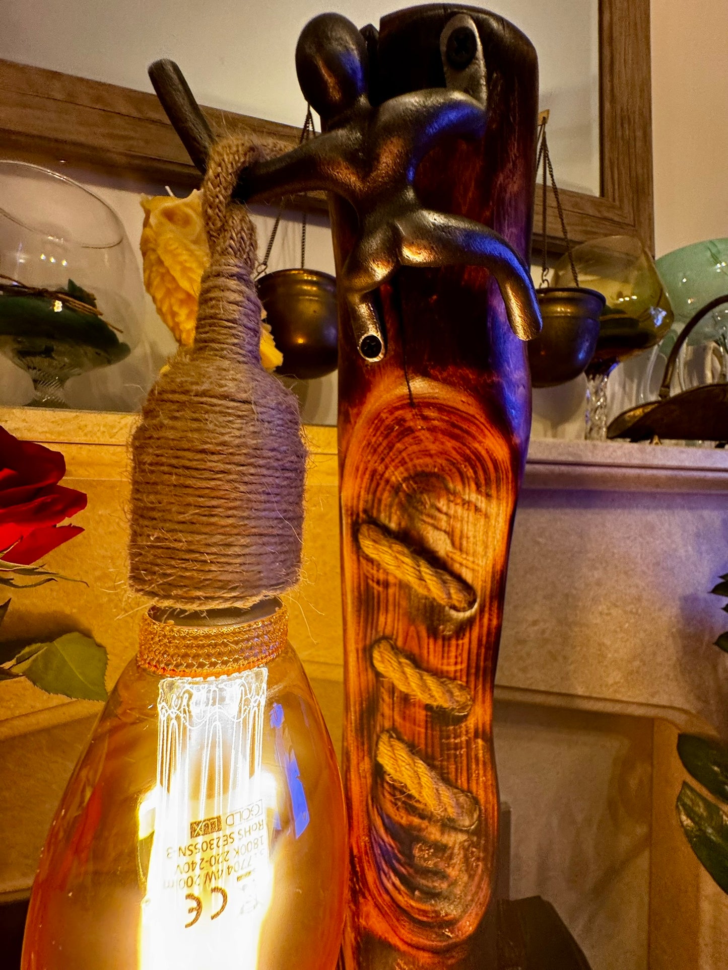 Handcrafted Rustic Wood Lamp with Climbing Figurine – Unique Autumn Home Décor