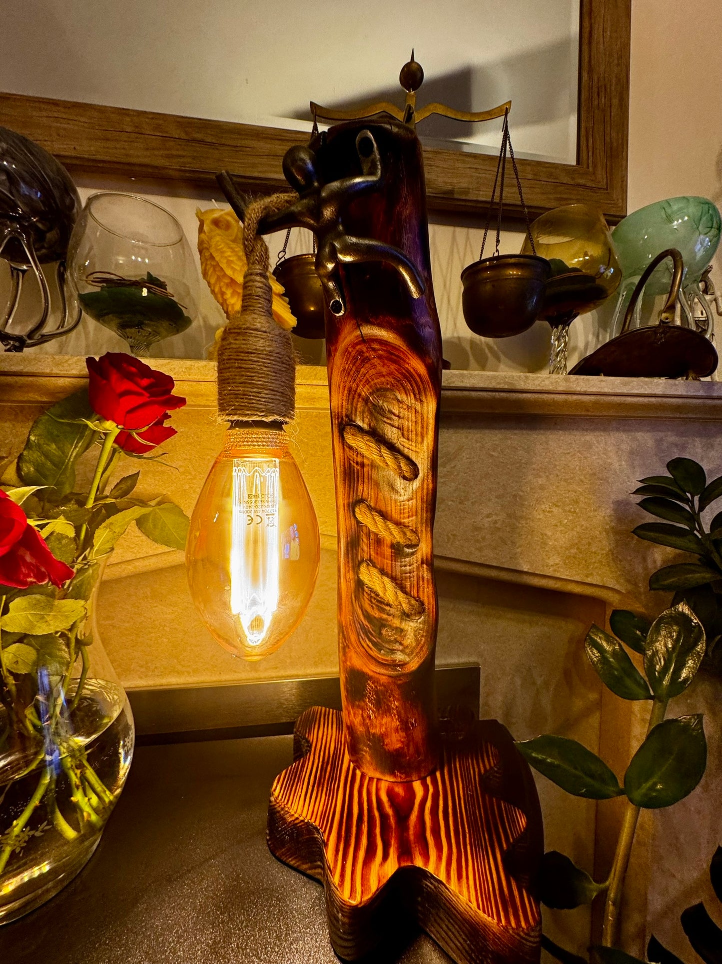 Handcrafted Rustic Wood Lamp with Climbing Figurine – Unique Autumn Home Décor