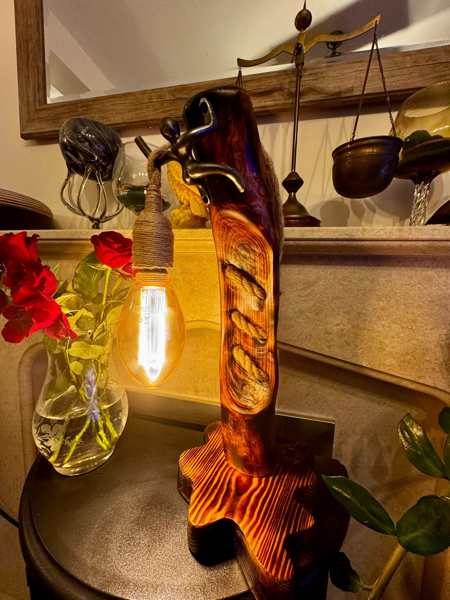 Handcrafted Rustic Wood Lamp with Climbing Figurine – Unique Autumn Home Décor