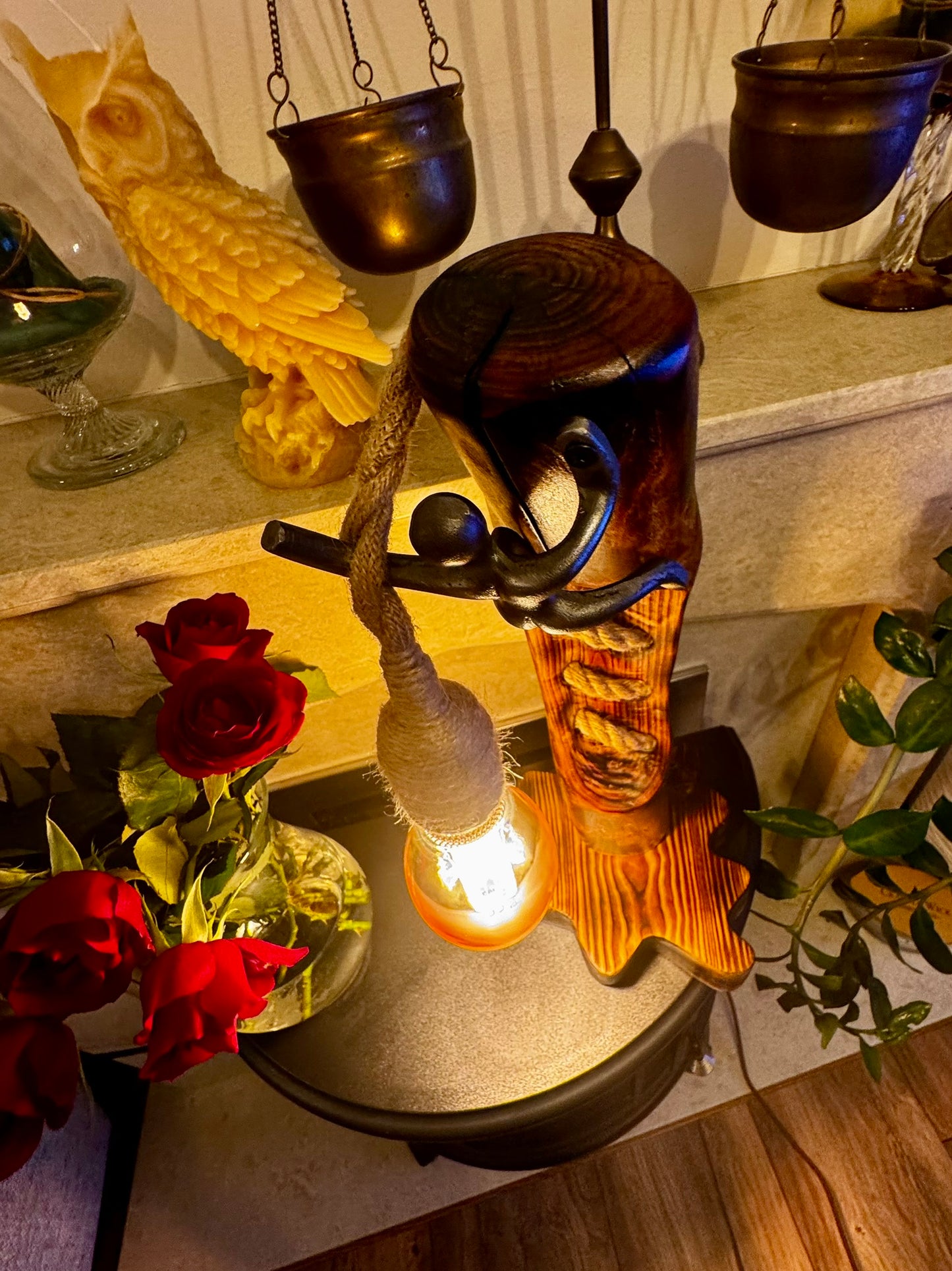 Handcrafted Rustic Wood Lamp with Climbing Figurine – Unique Autumn Home Décor