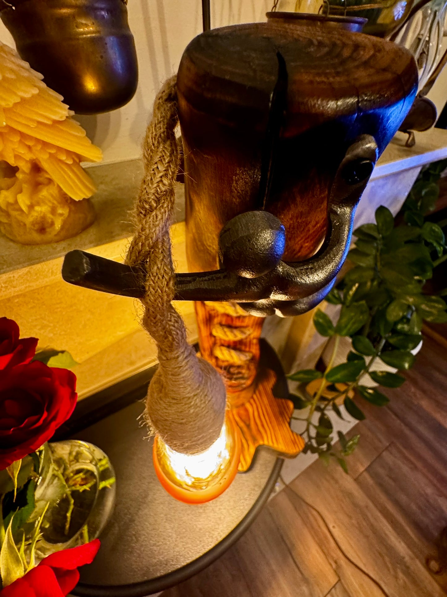 Handcrafted Rustic Wood Lamp with Climbing Figurine – Unique Autumn Home Décor