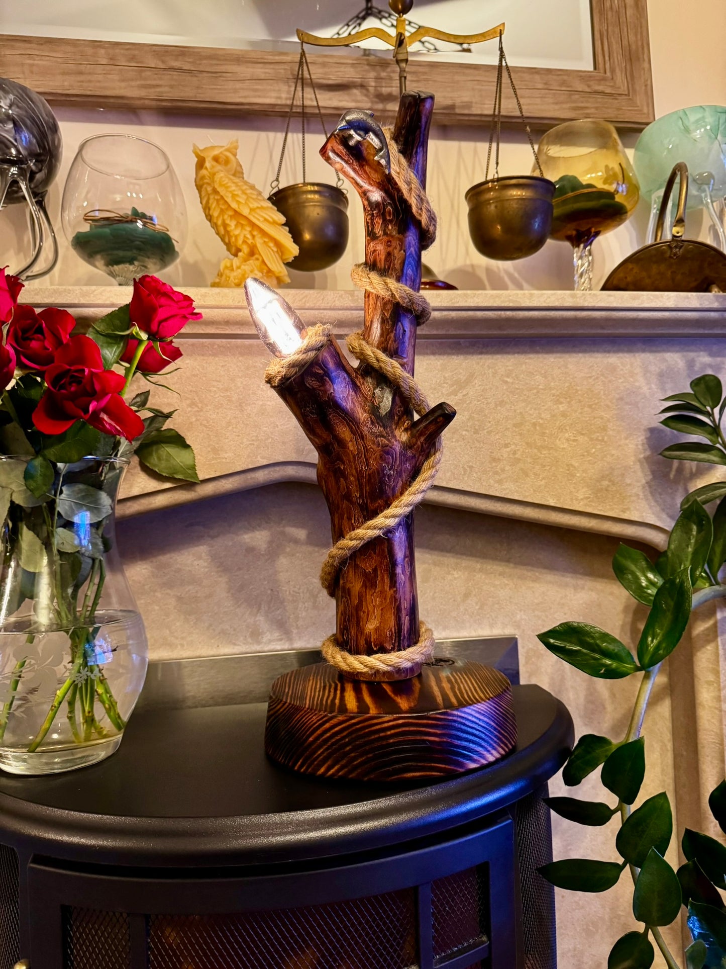 Rustic Handmade Wooden Lamp with Twisted Rope – Cozy Autumn Ambience