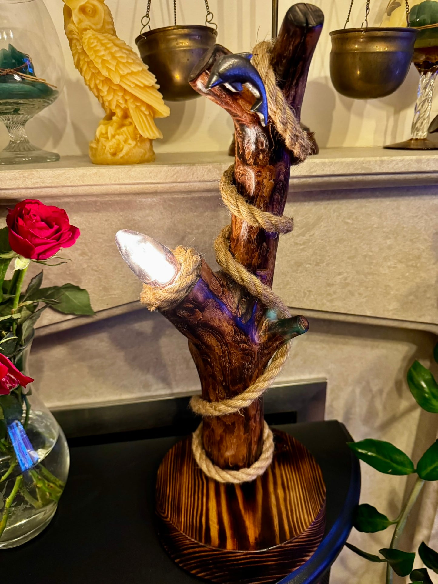 Rustic Handmade Wooden Lamp with Twisted Rope – Cozy Autumn Ambience