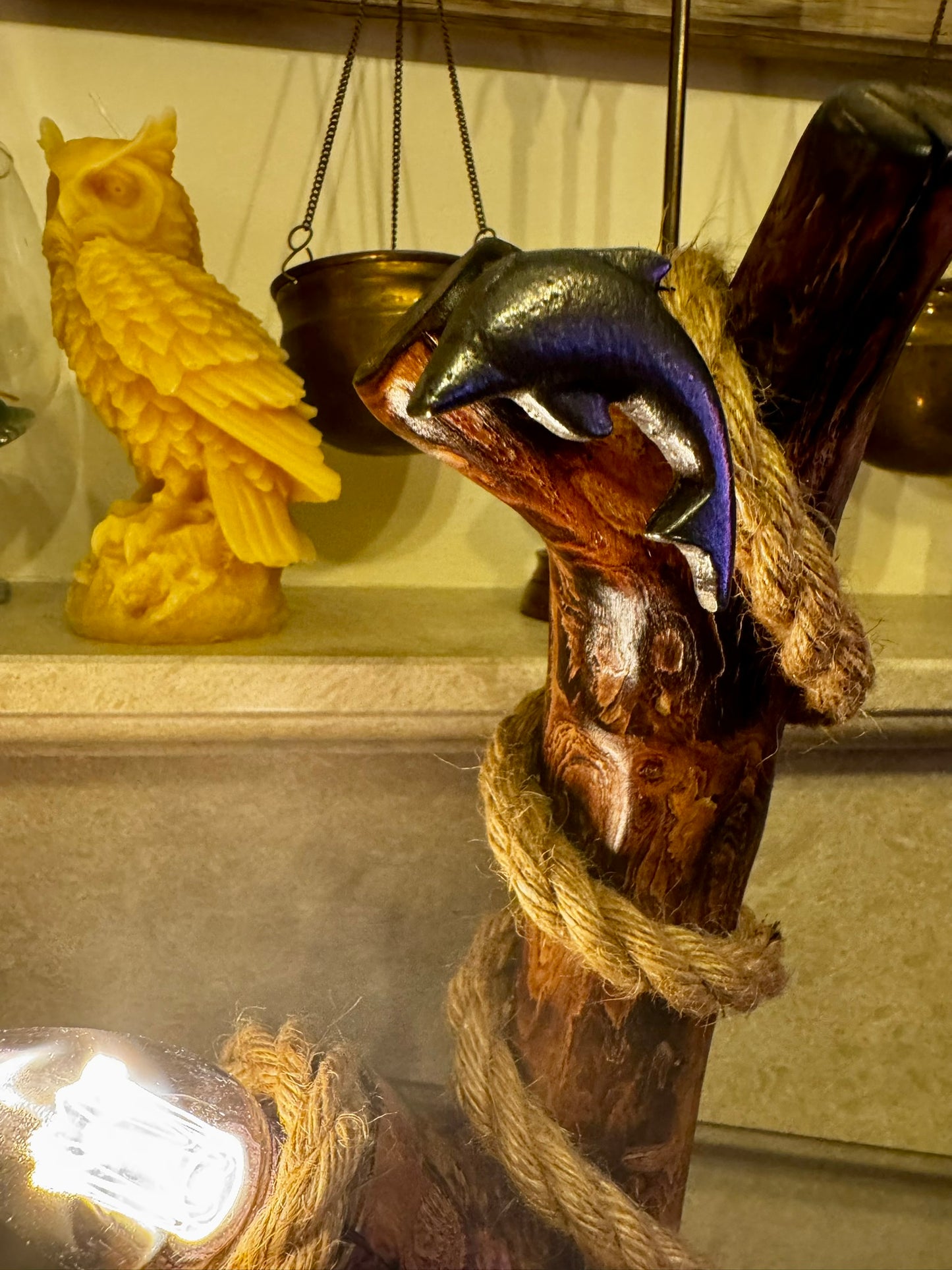 Rustic Handmade Wooden Lamp with Twisted Rope – Cozy Autumn Ambience