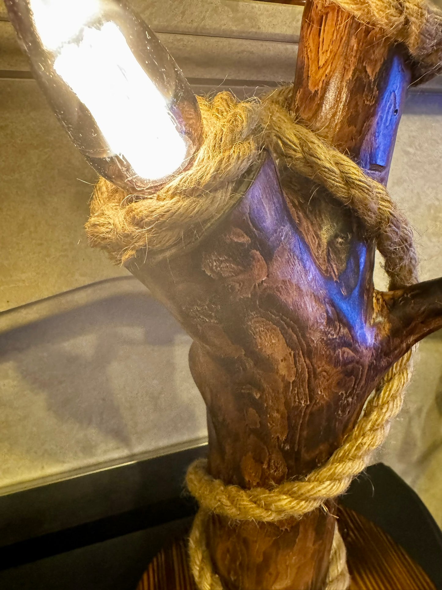 Rustic Handmade Wooden Lamp with Twisted Rope – Cozy Autumn Ambience