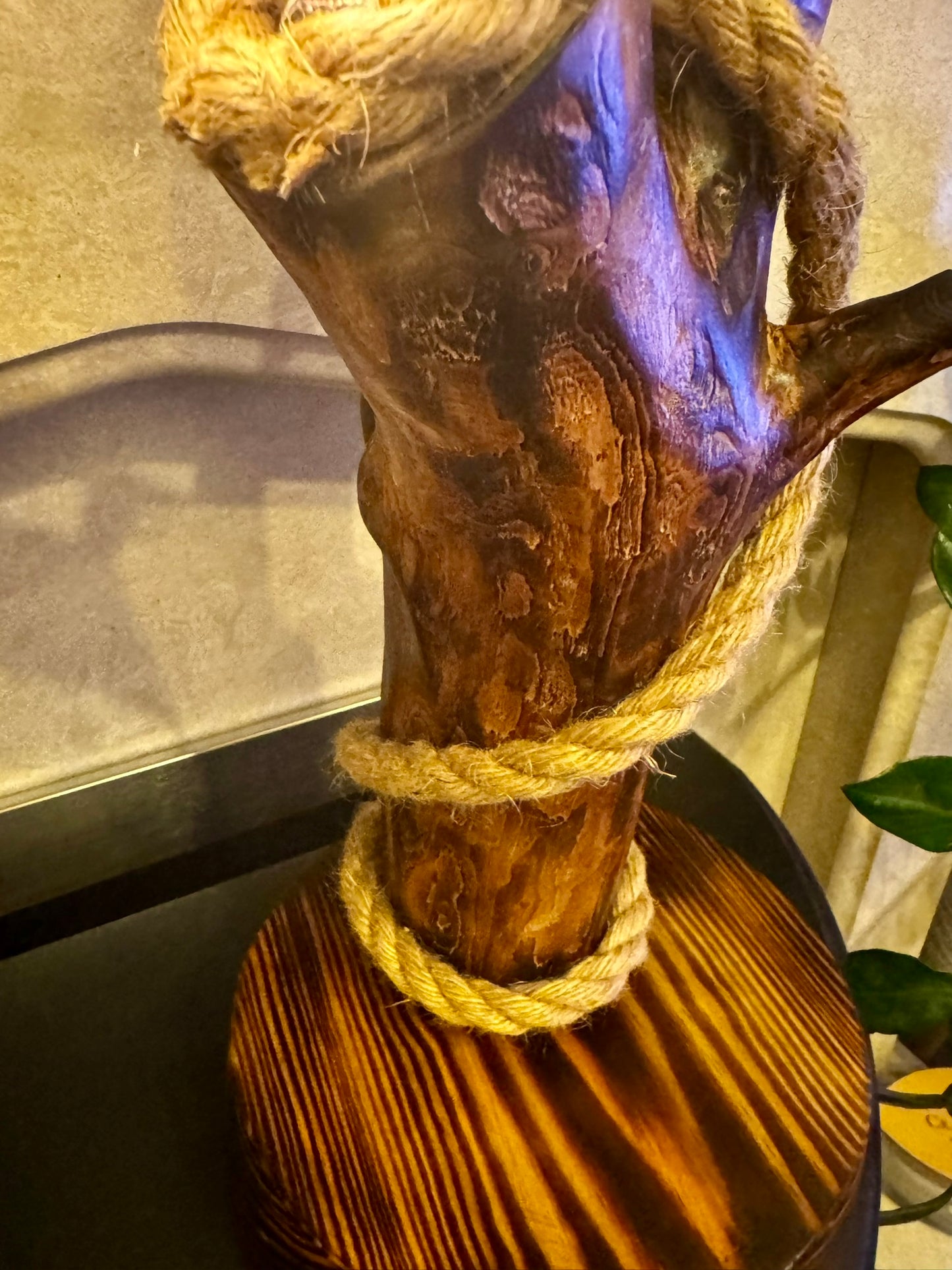 Rustic Handmade Wooden Lamp with Twisted Rope – Cozy Autumn Ambience