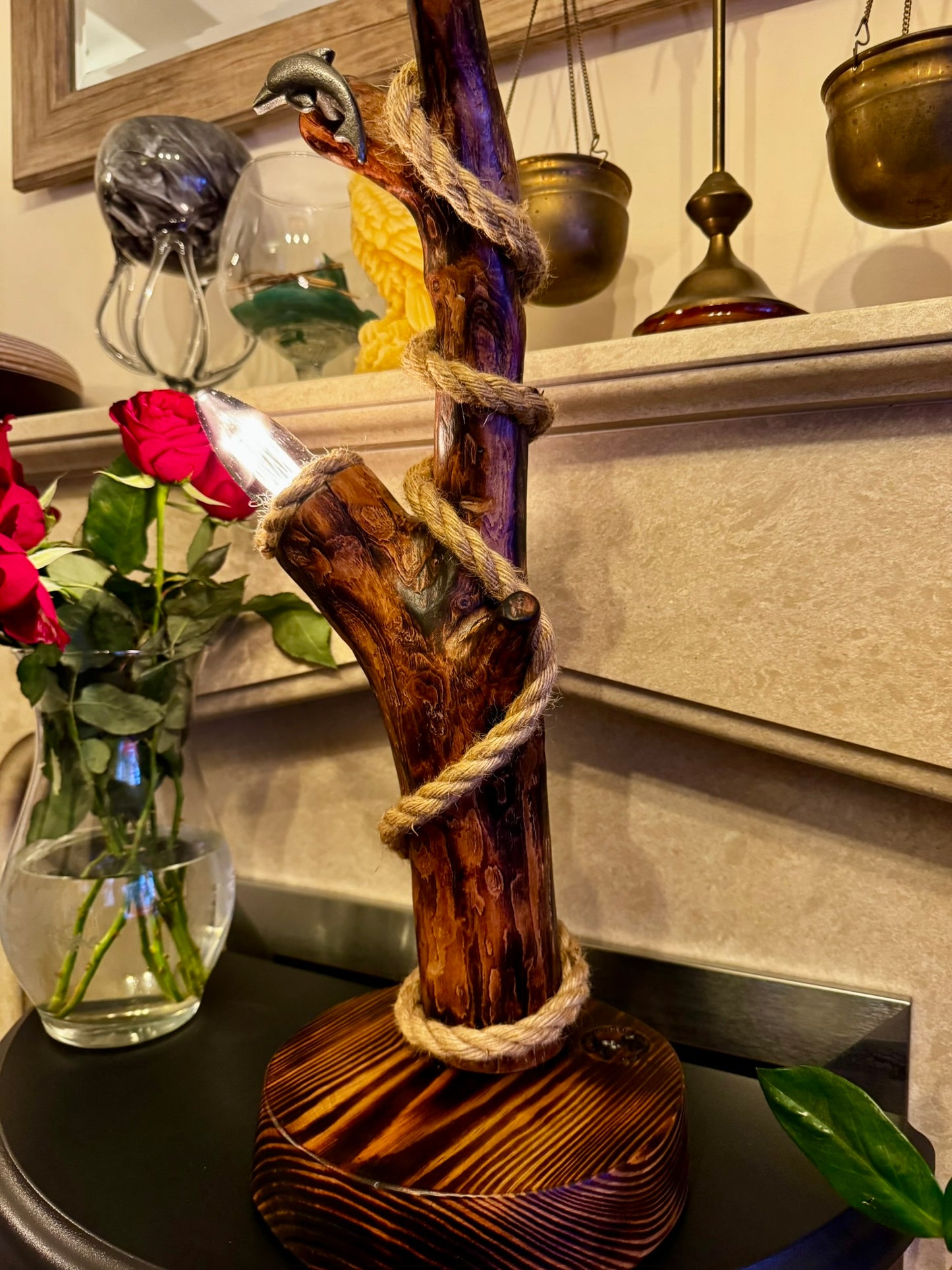 Rustic Handmade Wooden Lamp with Twisted Rope – Cozy Autumn Ambience