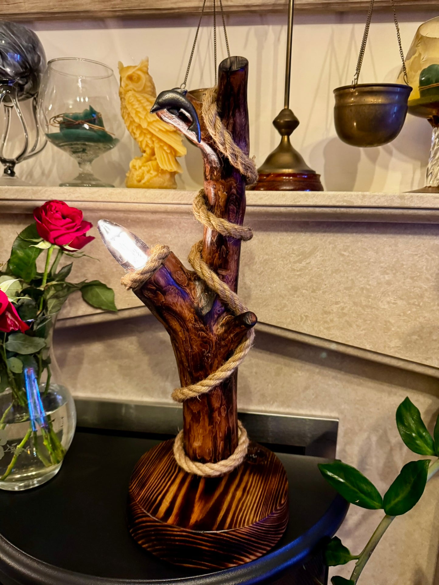 Rustic Handmade Wooden Lamp with Twisted Rope – Cozy Autumn Ambience