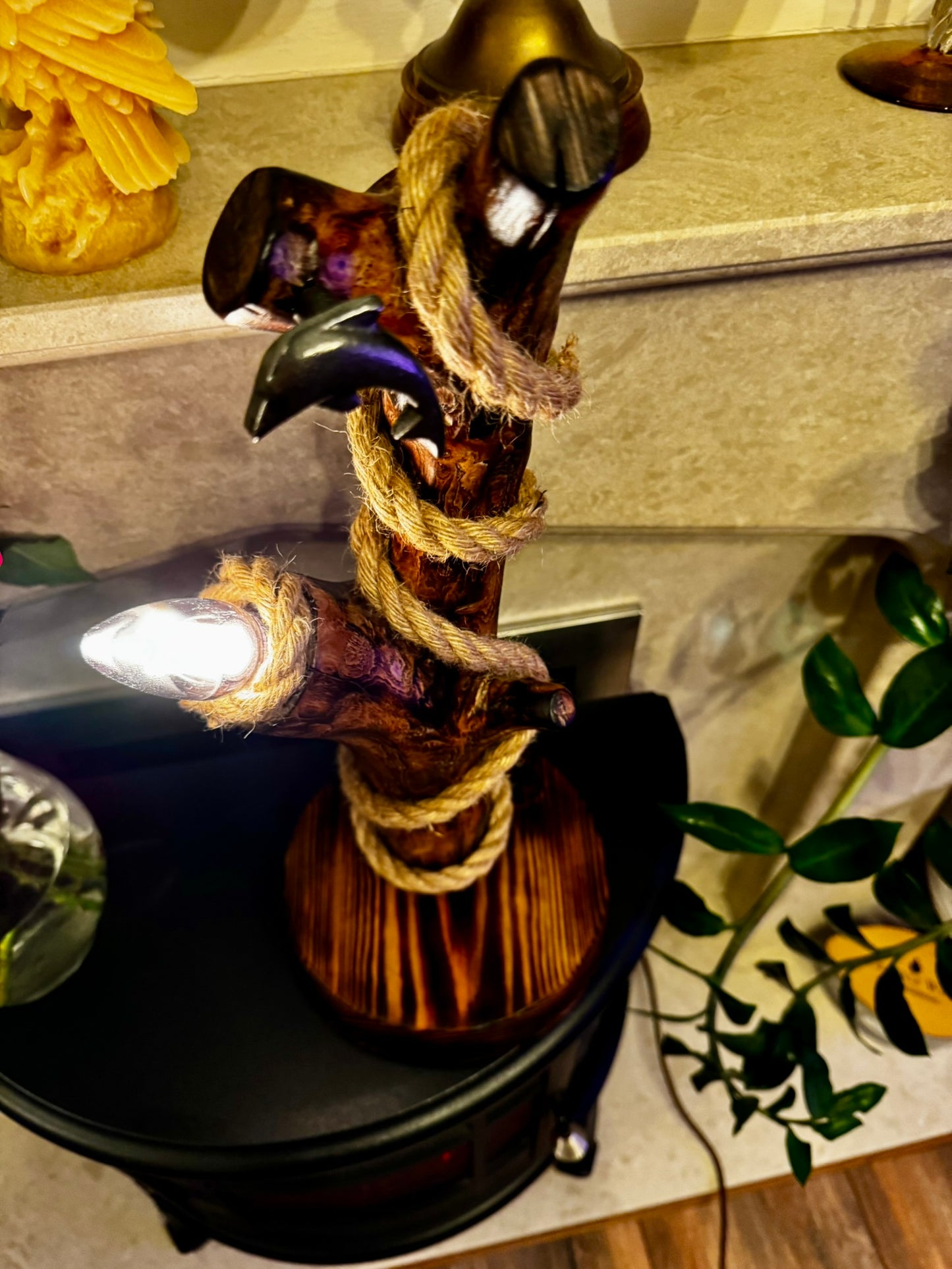 Rustic Handmade Wooden Lamp with Twisted Rope – Cozy Autumn Ambience