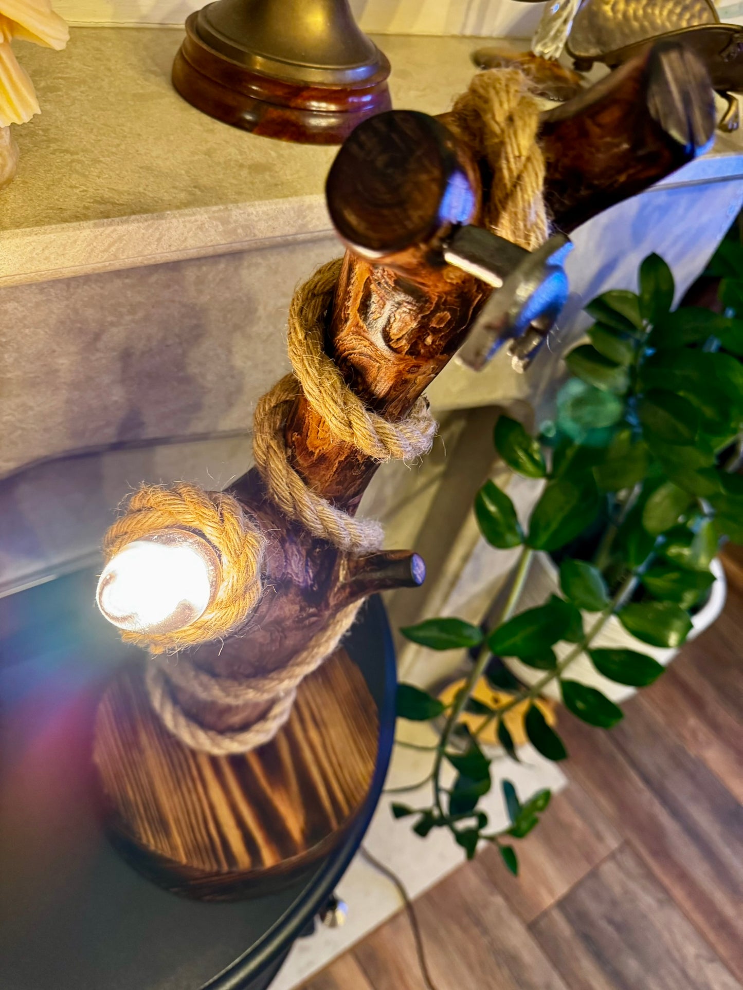 Rustic Handmade Wooden Lamp with Twisted Rope – Cozy Autumn Ambience