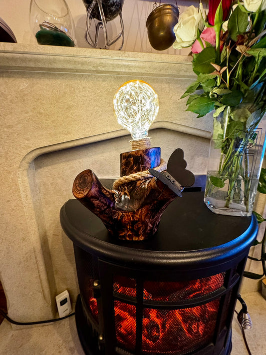 Handcrafted Natural Wood Lamp with LED Filament Bulb – Rustic Artistic Design