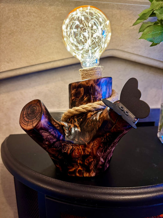 Handcrafted Natural Wood Lamp with LED Filament Bulb – Rustic Artistic Design