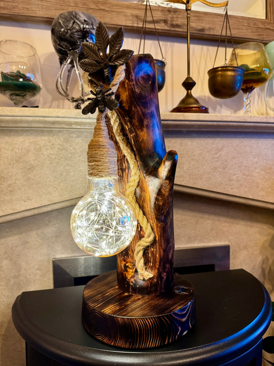 Decorative Natural Wood Lamp with Metal Leaf Accents – Handmade Artistic Piece