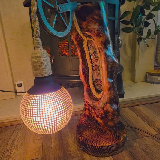 Rustic Pulley Wooden Lamp – Handcrafted Vintage Glow