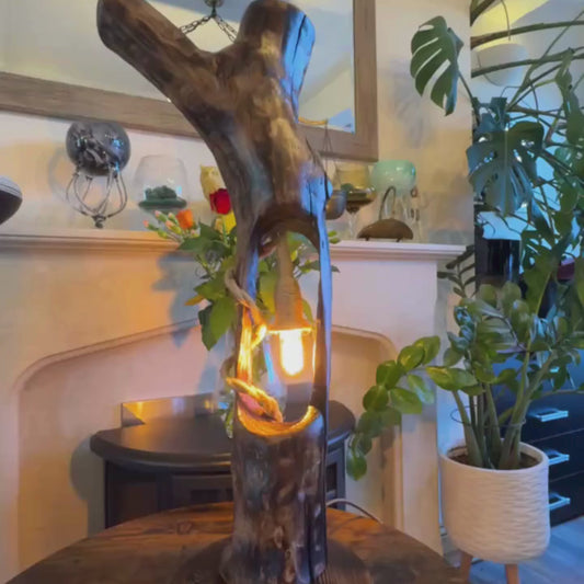 "Handcrafted Branch Lamp – Natural Wood Sculpture with Rope & Edison Bulb"